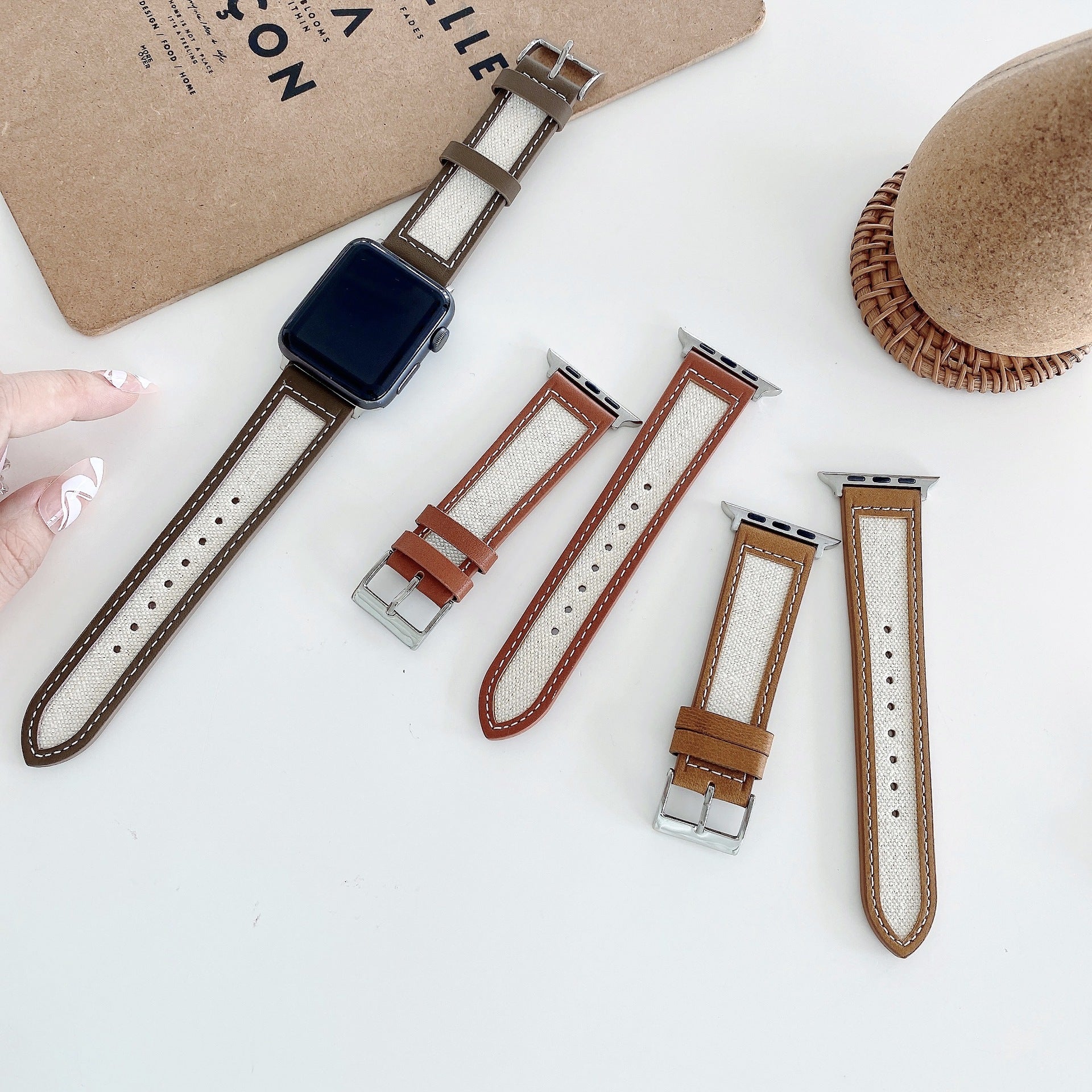 Leather And Knitted Nylon Watch Strap Wristband - Brown Leather and Beige Canvas Watch Strap