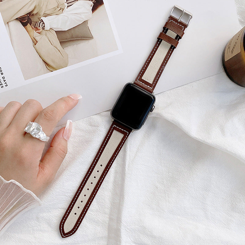 Leather And Knitted Nylon Watch Strap Wristband - Brown Leather and Beige Canvas Watch Strap