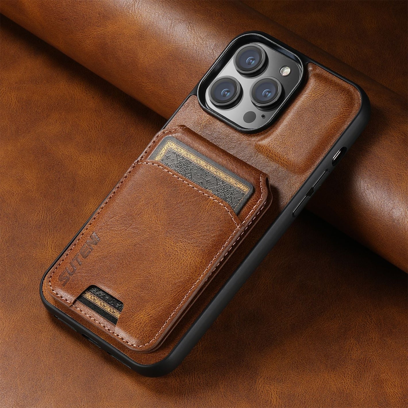 Leather Business Card Phone Case with Holder in Black Brown Blue - for iPhone Models leather business card phone case