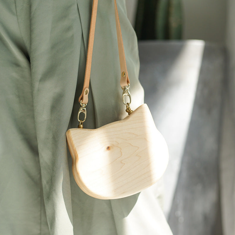 Leather Cat Bag with Wooden Luggage Style and Personalized Solid Wood Handle - Teleplus log creative trendy
