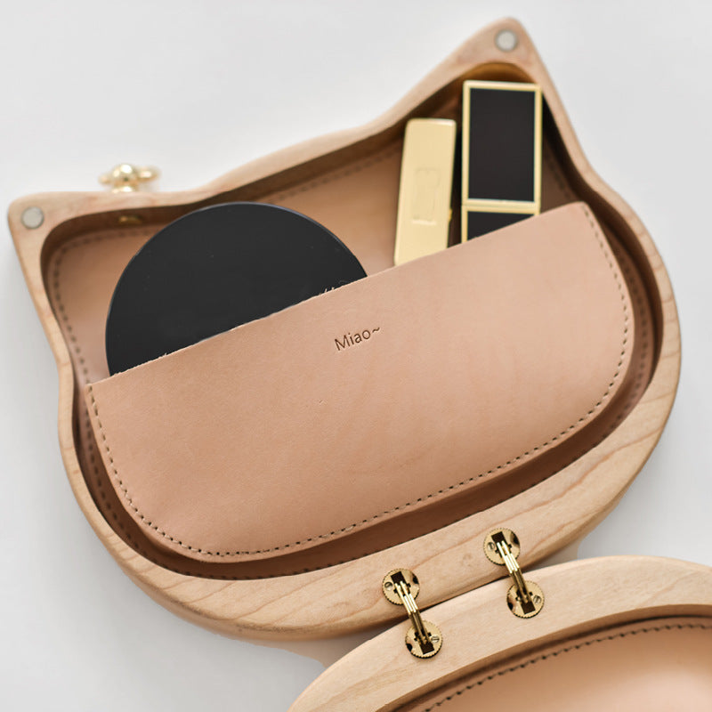 Leather Cat Bag with Wooden Luggage Style and Personalized Solid Wood Handle - Teleplus log creative trendy