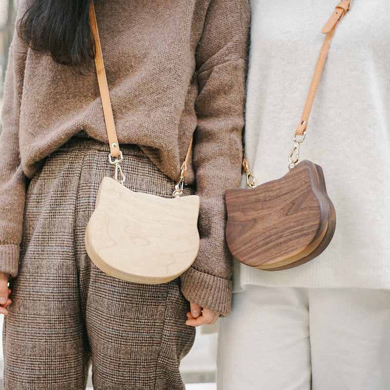 Leather Cat Bag with Wooden Luggage Style and Personalized Solid Wood Handle - Teleplus log creative trendy