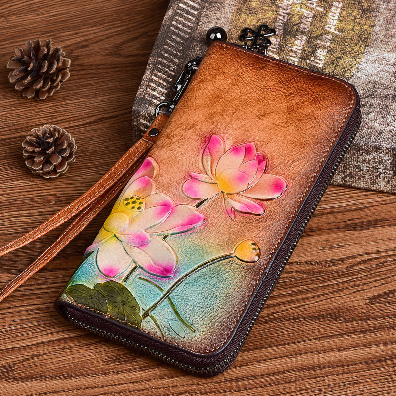 Leather Coin Purse with Flowers Lining Retro Brown for United States CHF - Genuine Style Queens united states chf coin