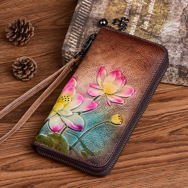 Leather Coin Purse with Flowers Lining Retro Brown for United States CHF - Genuine Style Queens united states chf coin