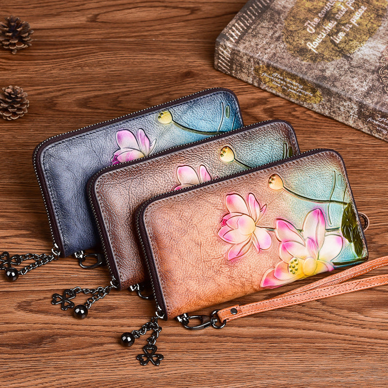 Leather Coin Purse with Flowers Lining Retro Brown for United States CHF - Genuine Style Queens united states chf coin