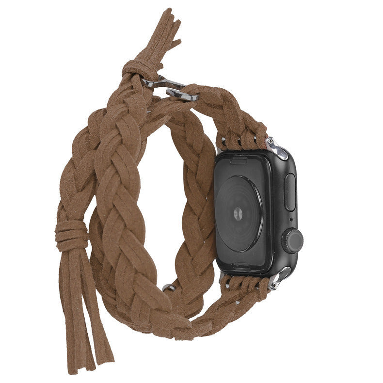 Leather Cord Braided Smart Watch Strap - Dark Brown Leather Cord Watch Strap for Smartwatches