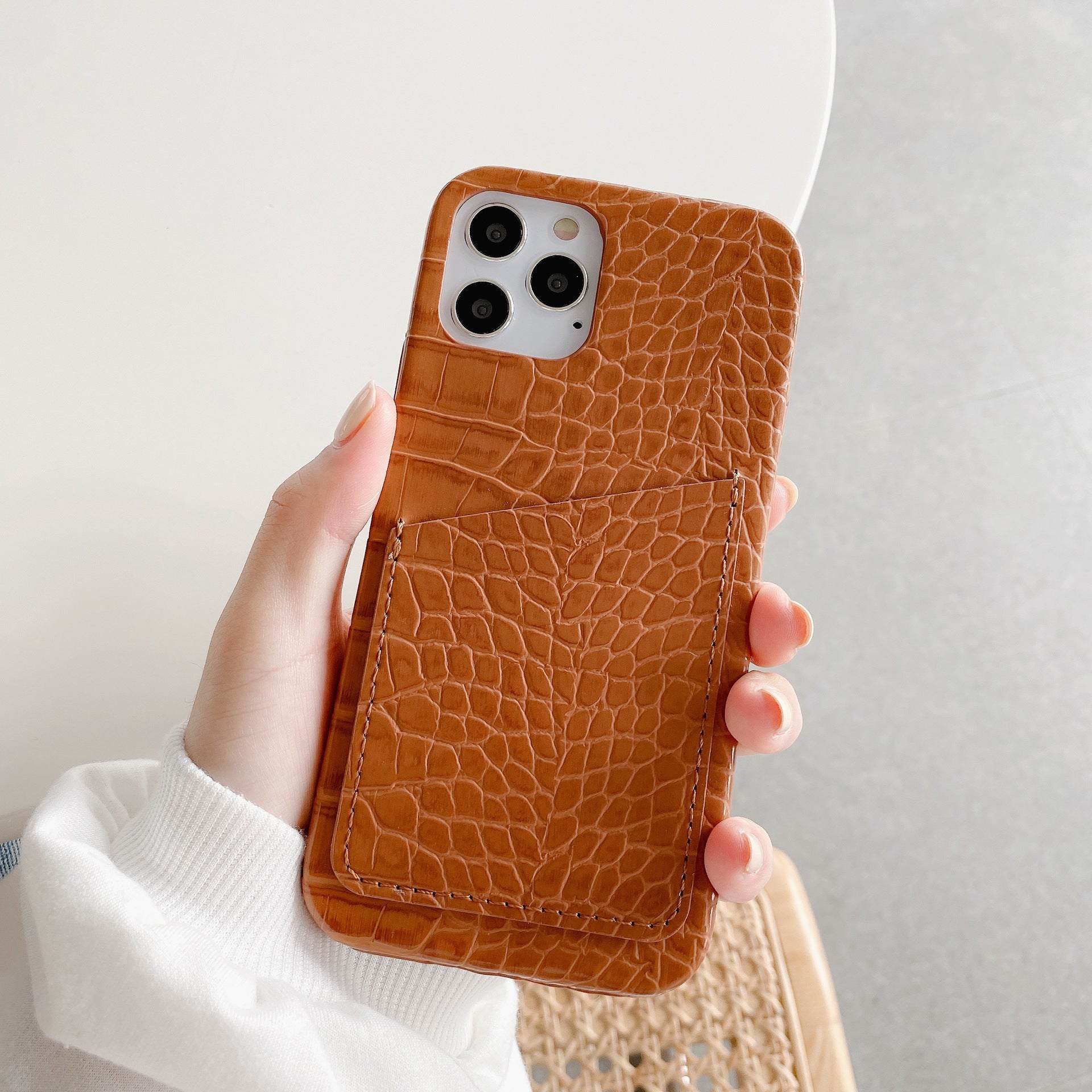 Leather crocodile-striped card case - Leather Crocodile-Striped Card Case for Smartphones