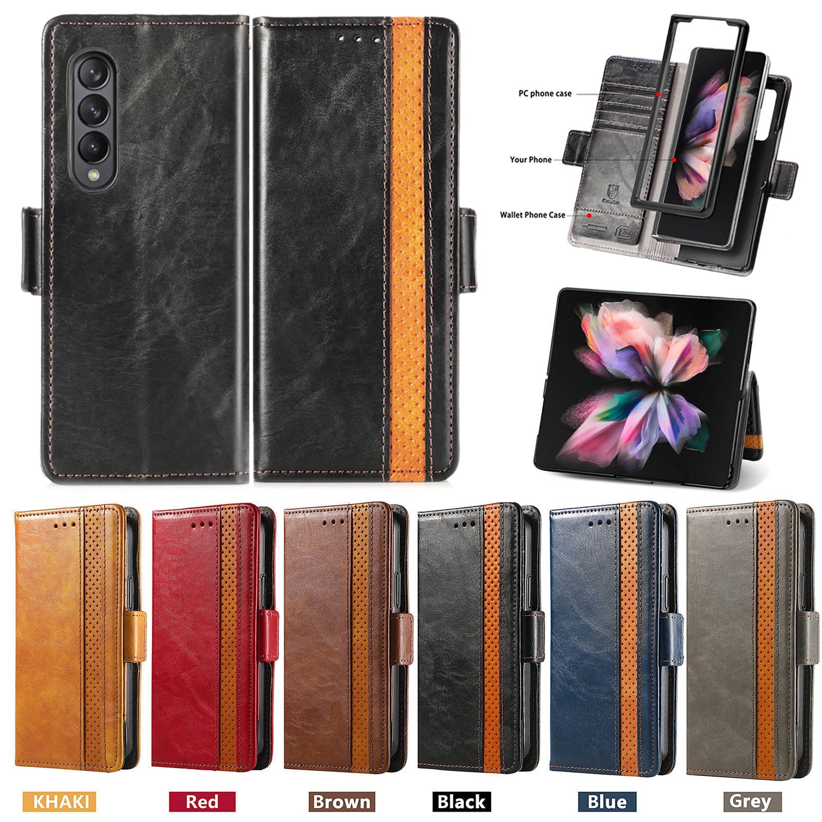 Leather Phone Case for Samsung Fold4 5G with Bracket Card Holder - Teleplus fold4 5g phone bracket card holder case