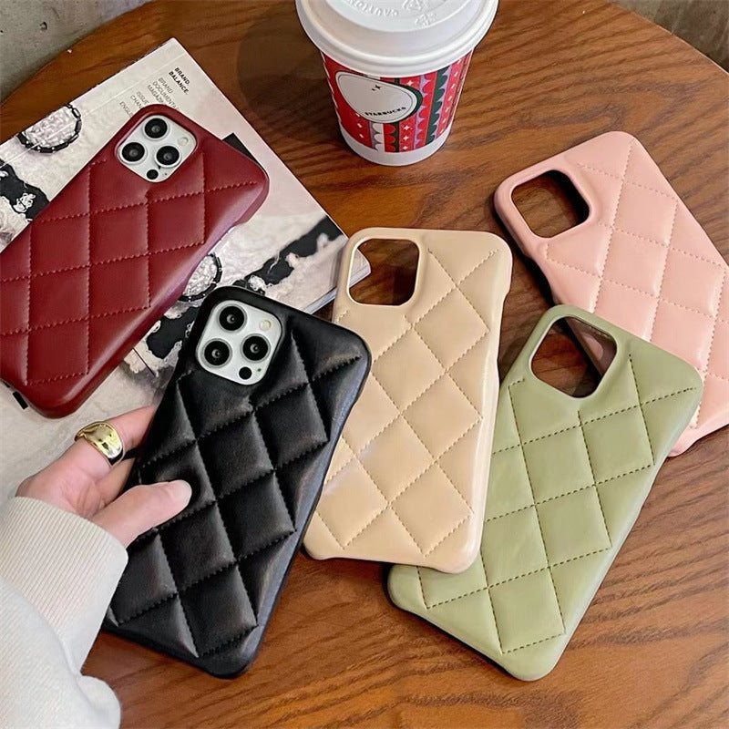 Leather Phone Case with Imitation Back Cover in Coffee Wine Red Black - Xiaoxiangfeng Rhombic leather phone case