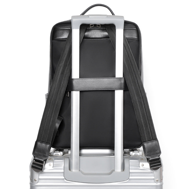 Leather Travel Backpack Cowhide Black Litchi Grain Ergonomic Weave Design