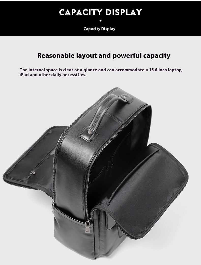 Leather Travel Backpack Cowhide Black Litchi Grain Ergonomic Weave Design