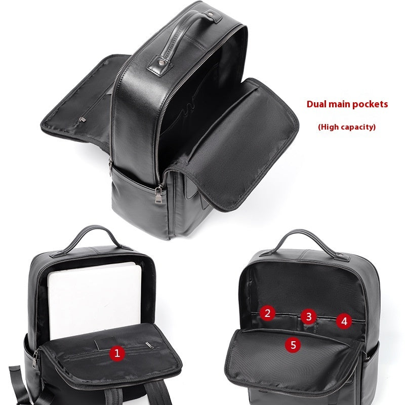 Leather Travel Backpack Cowhide Black Litchi Grain Ergonomic Weave Design