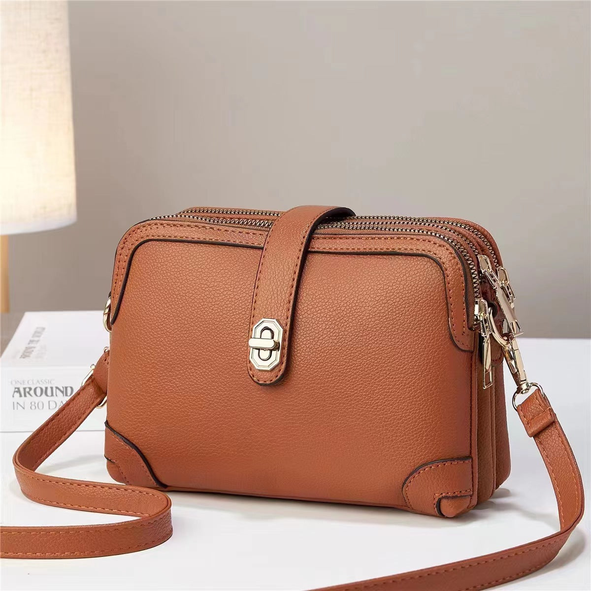 Leather Western Style Horizontal Square Bag with lychee Pattern Simple Design - Teleplus Lychee pattern simple soft