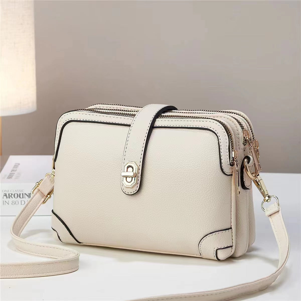 Leather Western Style Horizontal Square Bag with lychee Pattern Simple Design - Teleplus Lychee pattern simple soft