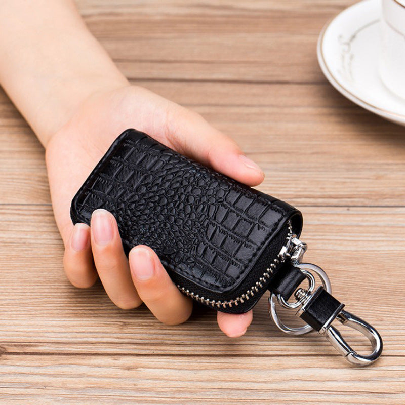 Leather Zipper Car Key Case with Geometric Pattern Embossing - Chic for Style on Wheels leather zipper car key case