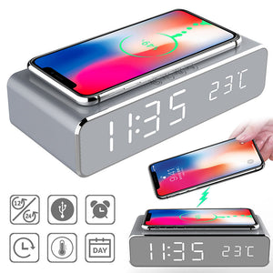 LED Electric Alarm Clock With Wireless Charger Desktop Digital Despertador Thermometer Clock HD Mirror Clock Watch