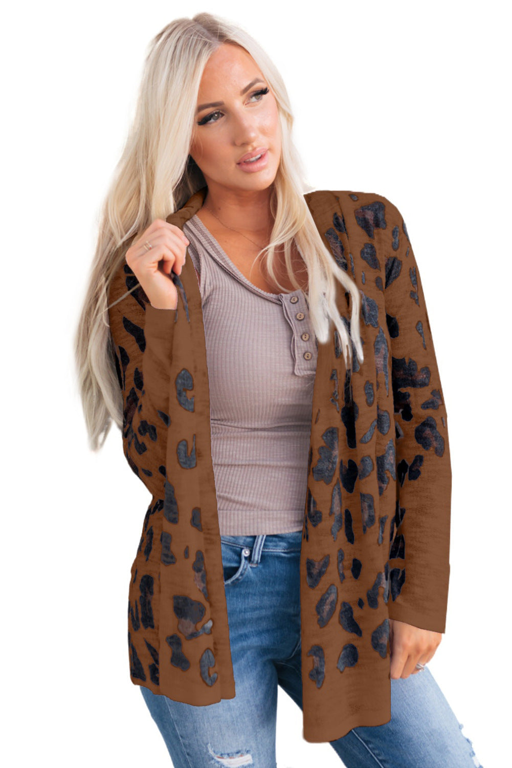 Leopard Print Polar Fleece Pocket Cardigan Loose Fit Streetwear Women’s Sweater - for Women Teleplus