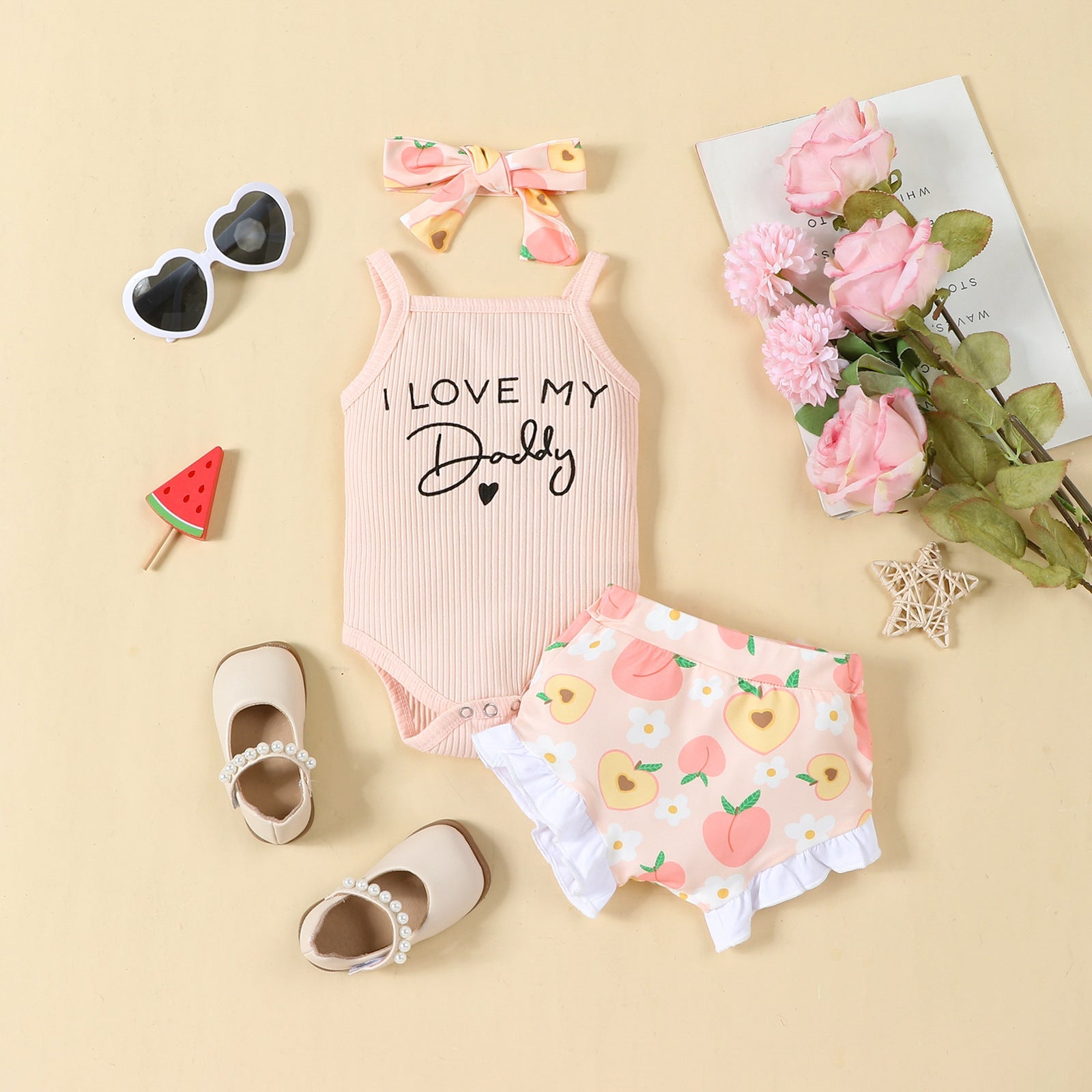 Letter Romper Full Printed Shorts Headscarf Three-piece Set - Cute Baby Fashion in a Lettered Three-Piece Set