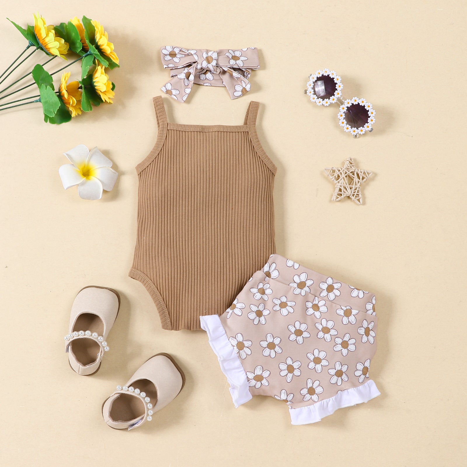 Letter Romper Full Printed Shorts Headscarf Three-piece Set - Cute Baby Fashion in a Lettered Three-Piece Set