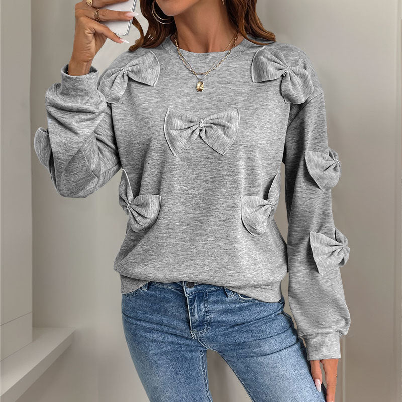 Light Gray Bow Pullover Sweater Women Cute Korean Cotton Knit Top S-XL - Teleplus