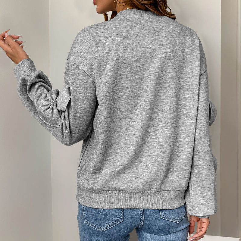 Light Gray Bow Pullover Sweater Women Cute Korean Cotton Knit Top S-XL - Teleplus