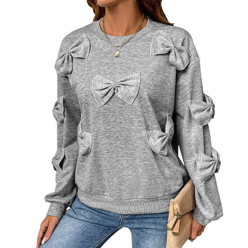 Light Gray Bow Pullover Sweater Women Cute Korean Cotton Knit Top S-XL - Teleplus