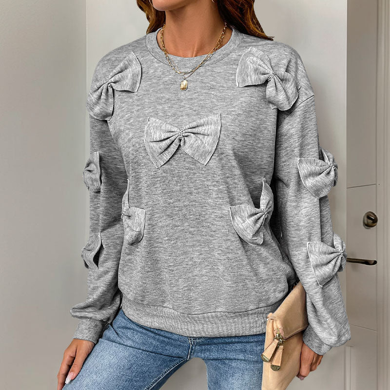 Light Gray Bow Pullover Sweater Women Cute Korean Cotton Knit Top S-XL - Teleplus