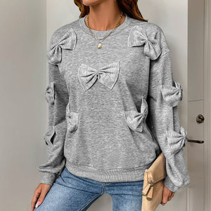 Light Gray Bow Pullover Sweater Women Cute Korean Cotton Knit Top S-XL - Teleplus
