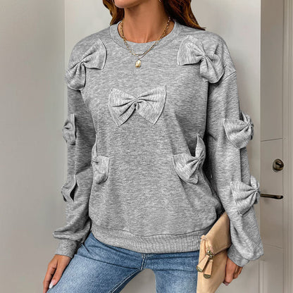 Light Gray Bow Pullover Sweater Women Cute Korean Cotton Knit Top S-XL - Teleplus