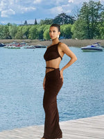 Long Skirt Two Piece Set Oblique Shoulder Spandex in Milky White Brown Blue - by Teleplus long skirt