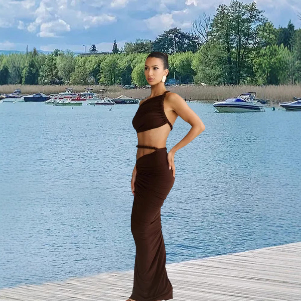 Long Skirt Two Piece Set Oblique Shoulder Spandex in Milky White Brown Blue - by Teleplus long skirt