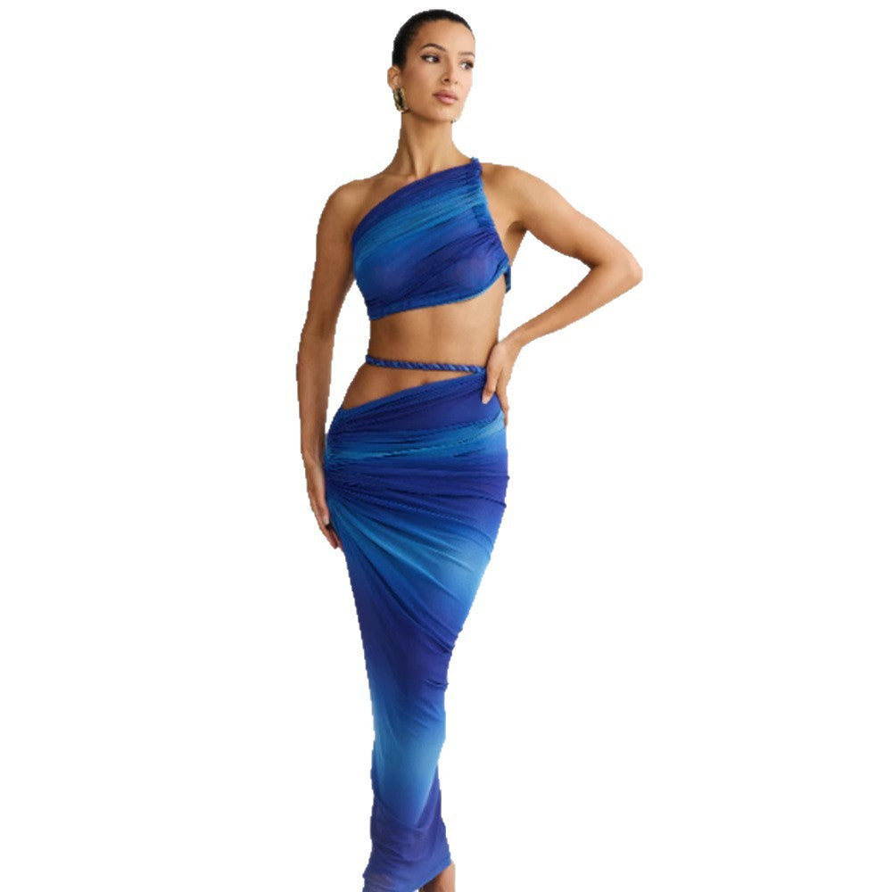 Long Skirt Two Piece Set Oblique Shoulder Spandex in Milky White Brown Blue - by Teleplus long skirt