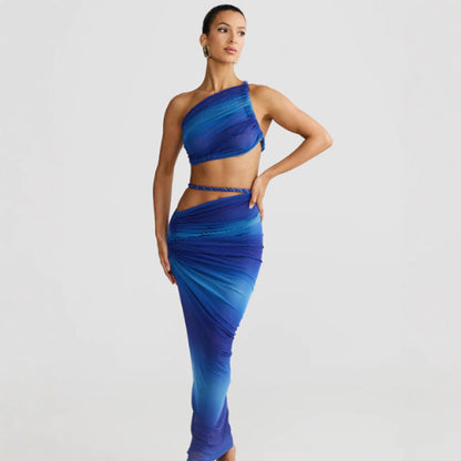 Long Skirt Two Piece Set Oblique Shoulder Spandex in Milky White Brown Blue - by Teleplus long skirt