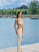 Long Skirt Two Piece Set Oblique Shoulder Spandex in Milky White Brown Blue - by Teleplus long skirt