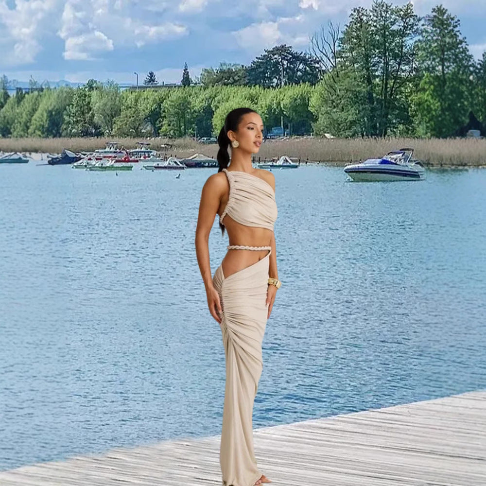 Long Skirt Two Piece Set Oblique Shoulder Spandex in Milky White Brown Blue - by Teleplus long skirt