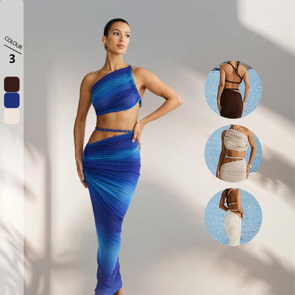 Long Skirt Two Piece Set Oblique Shoulder Spandex in Milky White Brown Blue - by Teleplus long skirt