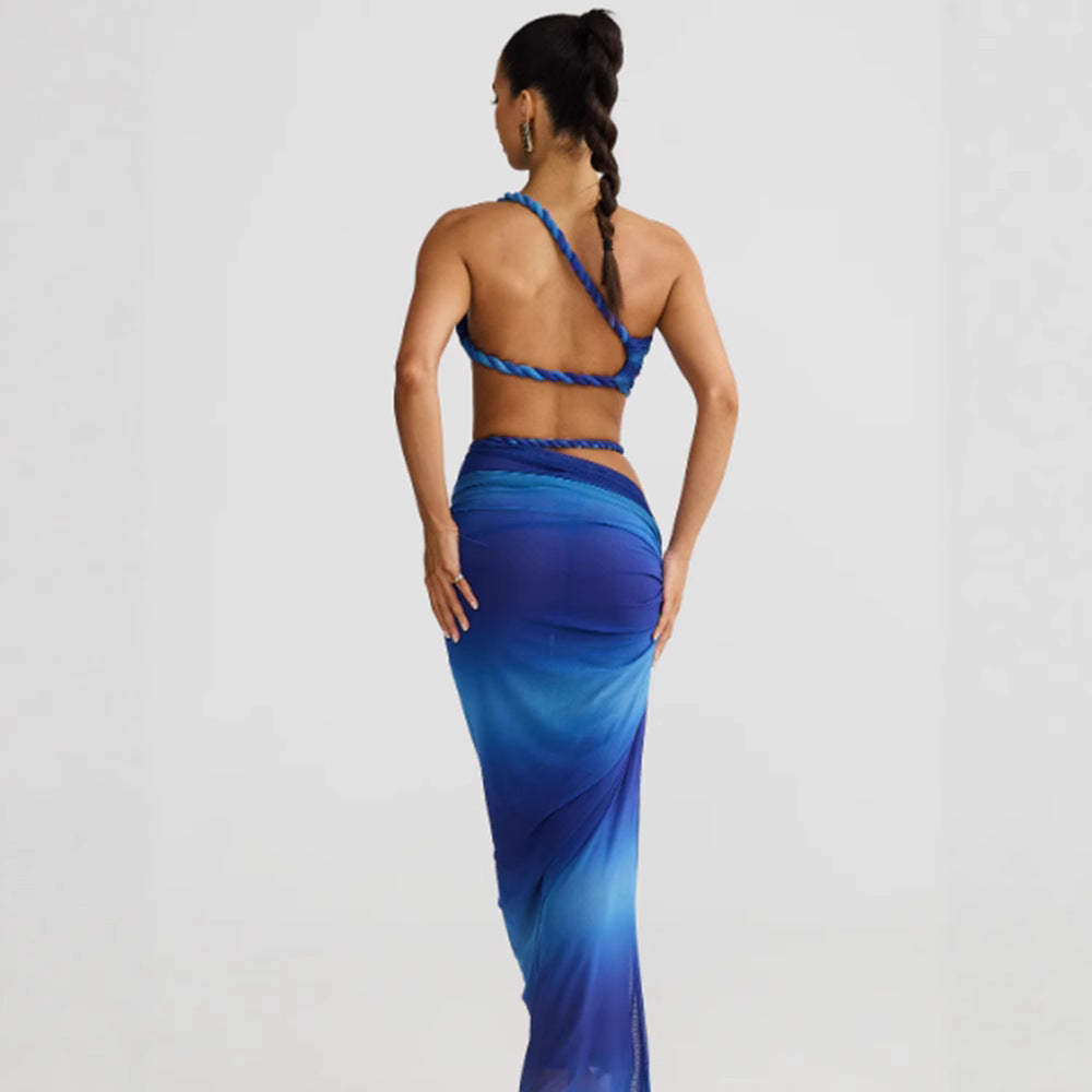 Long Skirt Two Piece Set Oblique Shoulder Spandex in Milky White Brown Blue - by Teleplus long skirt