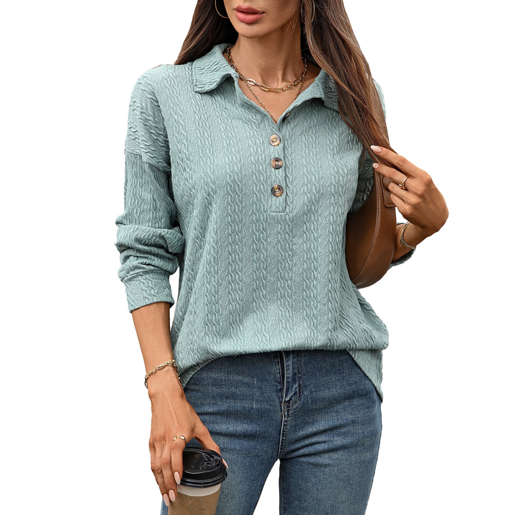 Loose Fit Button Pullover Blouse for Women Long Sleeve Comfy Work Top - Womens Teleplus
