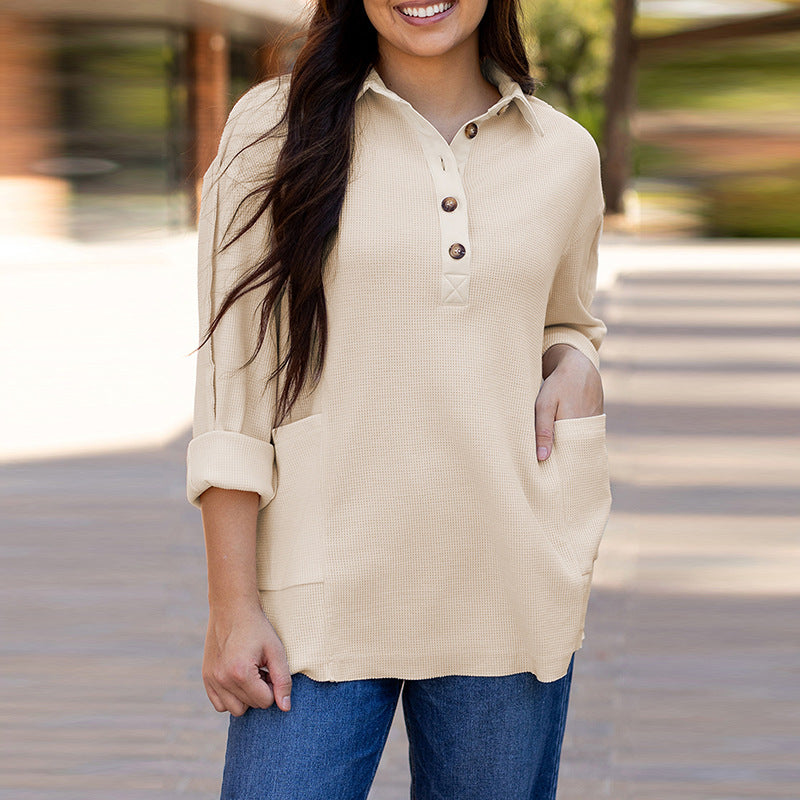 Loose Fit Japanese Korean Casual Pullover Top Solid Color Polyester Blouse - Teleplus