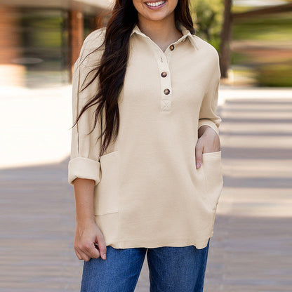 Loose Fit Japanese Korean Casual Pullover Top Solid Color Polyester Blouse - Teleplus