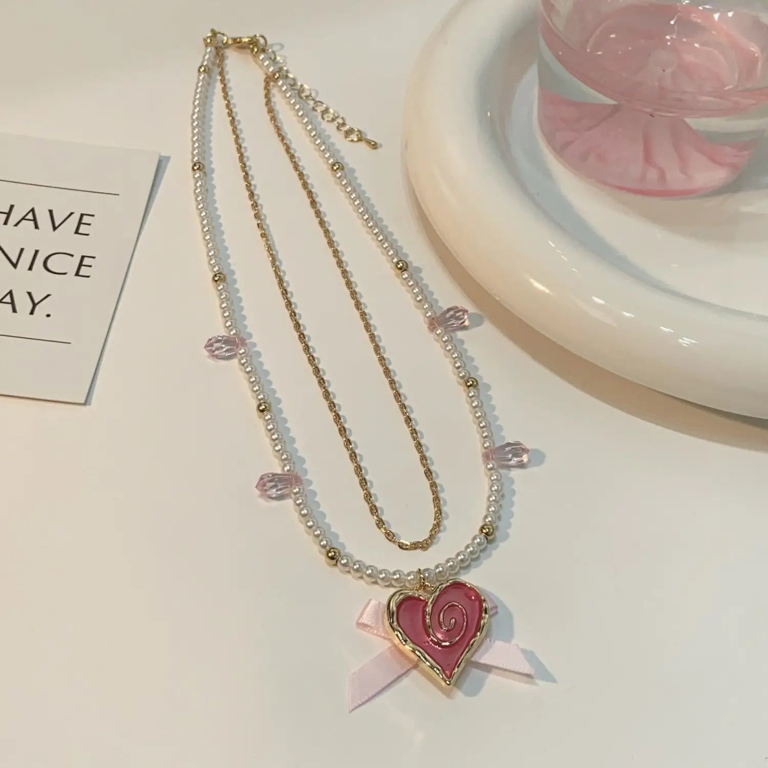 Love Heart Bow Tie Pearl Necklace Clavicle Chain