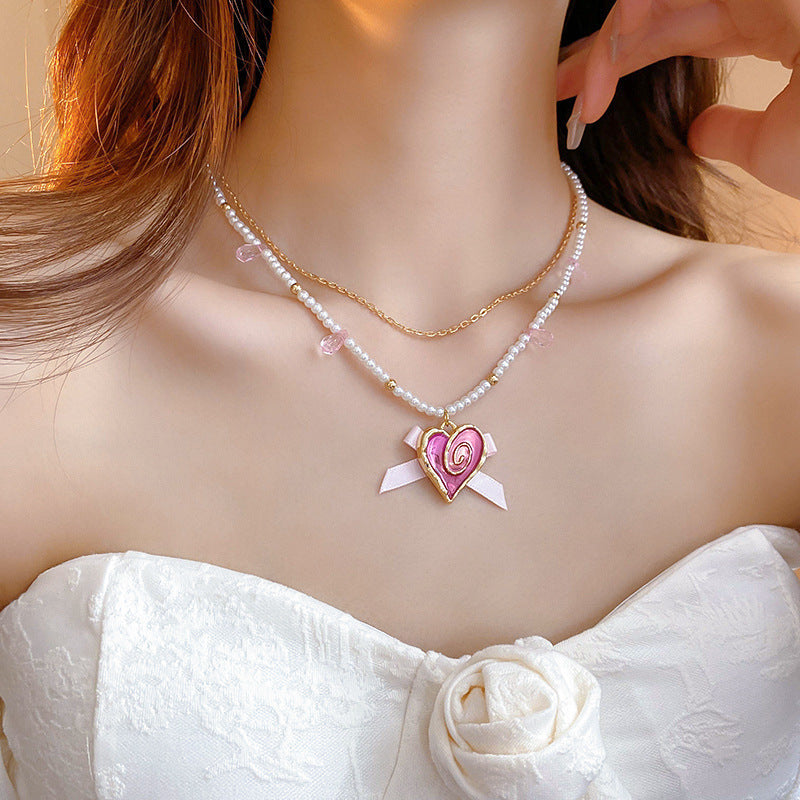 Heart Bow Tie Pendant Clavicle Necklace Alloy Chain Jewelry - Love Pearl heart bow tie pearl necklace clavicle chain