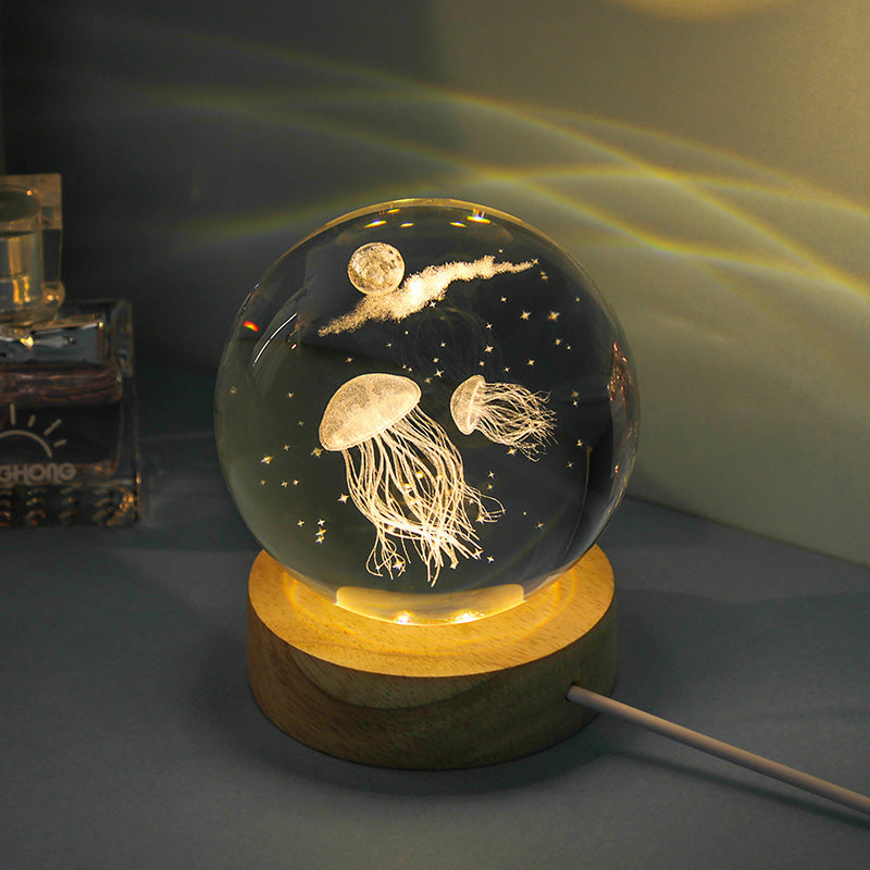 Luminous 3D Ocean Crystal Ball with Carved Jellyfish Decorative Sphere - Teleplus luminous 3d ocean jellyfish carved