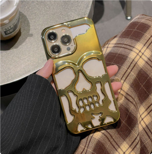 Luxury Plating 3D Skull Phone Case Breathable Glossy Hollow Out Gold Metallic Paint - Luxury Plated Skull Phone Case