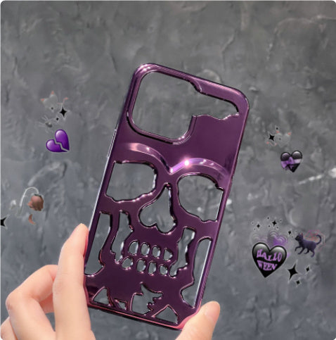 Luxury Plating 3D Skull Phone Case Breathable Glossy Hollow Out Gold Metallic Paint - Luxury Plated Skull Phone Case