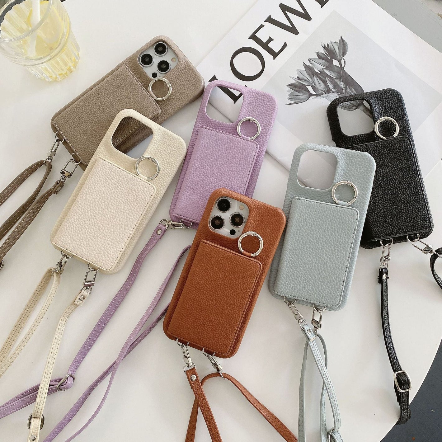 Lychee Pattern Left and Right Opening Mirror Card Lanyard Phone Case - lychee pattern left lanyard phone case