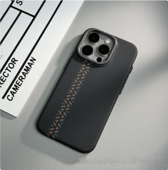 Magnetic Carbon Fiber Pattern Mobile Phone Protective Case with Color Stripes - magnetic carbon fiber pattern mobile