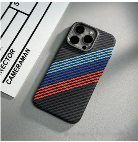 Magnetic Carbon Fiber Pattern Mobile Phone Protective Case with Color Stripes - magnetic carbon fiber pattern mobile