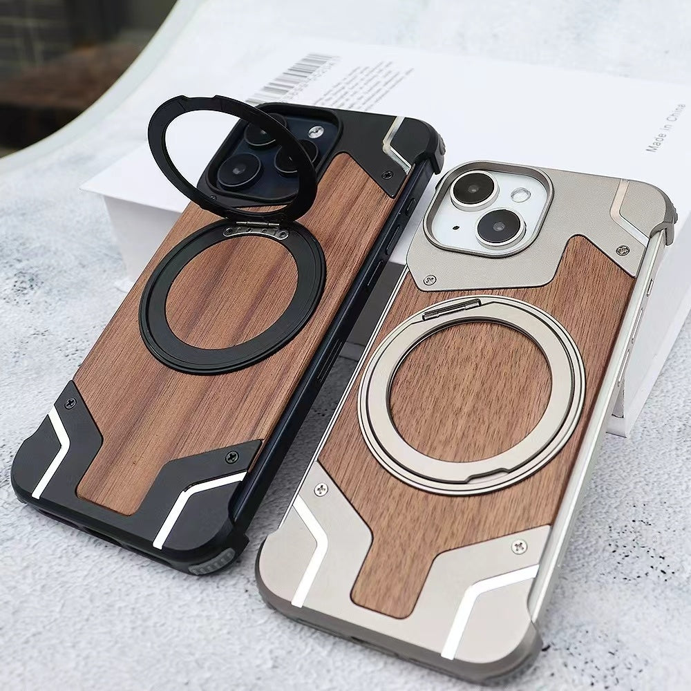 Magnetic Protective Shell for iPhone with Wooden Metal Splicing Design - Case Phone Shenanigans wooden metal splicing
