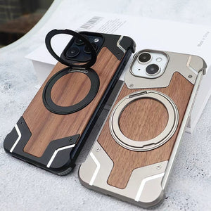 Magnetic Protective Shell for iPhone with Wooden Metal Splicing Design - Case Phone Shenanigans wooden metal splicing
